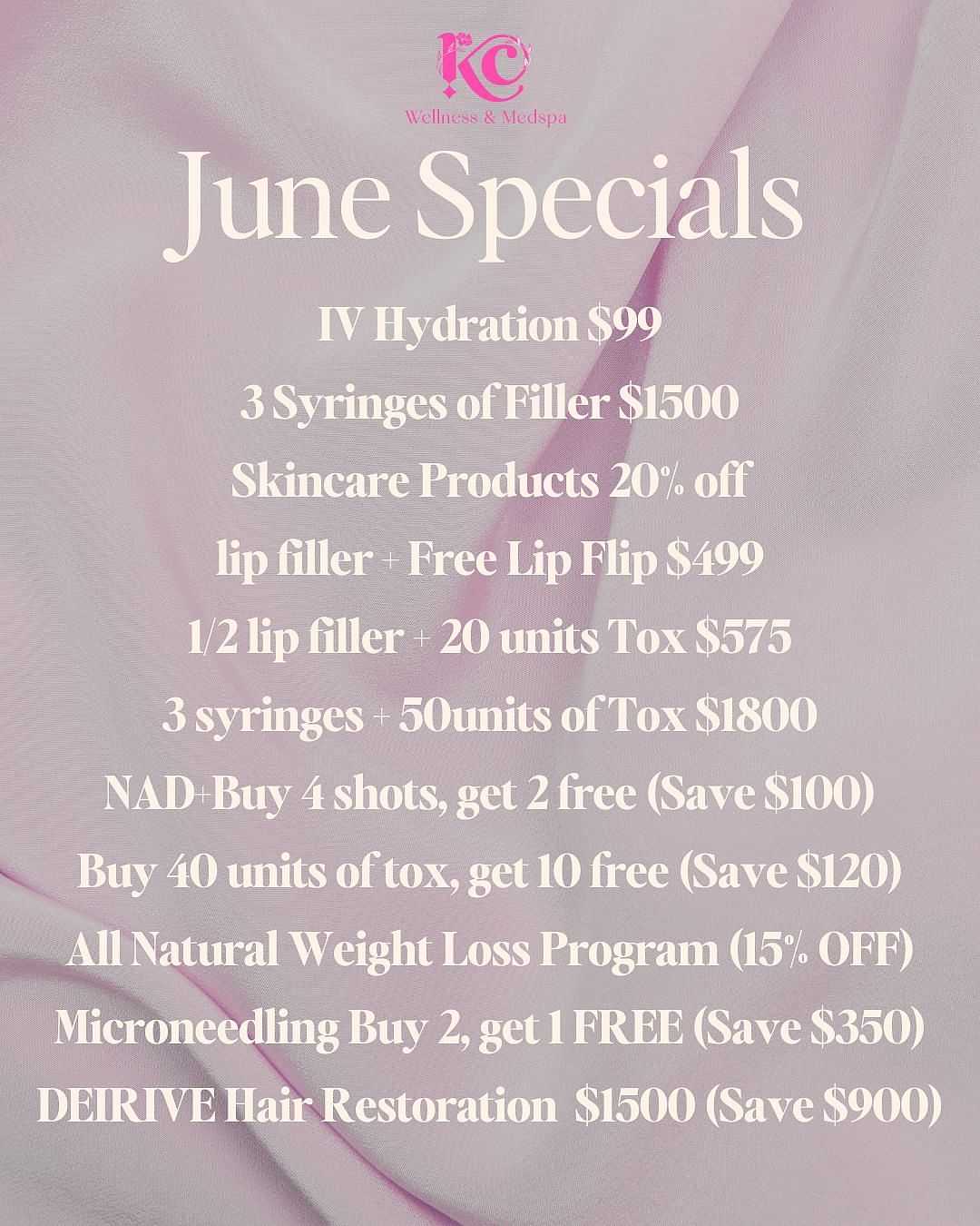 June specials include discounts on skincare, fillers, weight loss, and more at KC Wellness & Medspa.